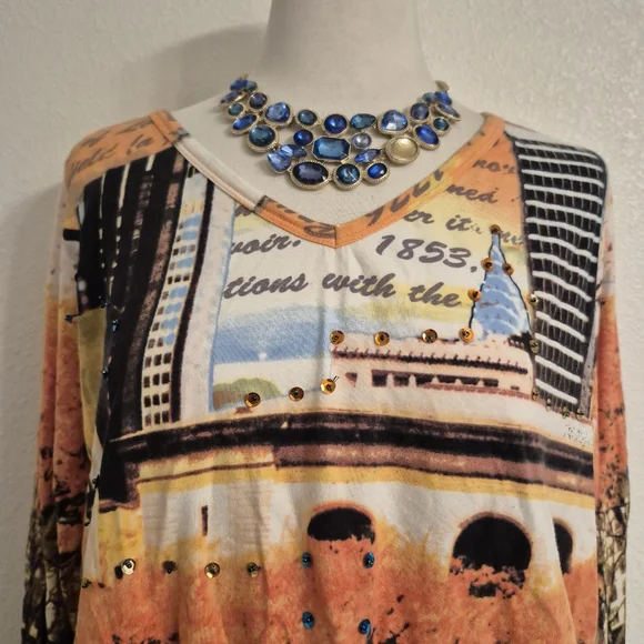 French Postcatds Scenic Novelty Print Long Sleeve Top Soft Womens Size L - Picture 7 of 12